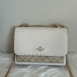 Coach Klare Shoulder Bag Chalk White Leather Signature Canvas Snakeskin Rivets
